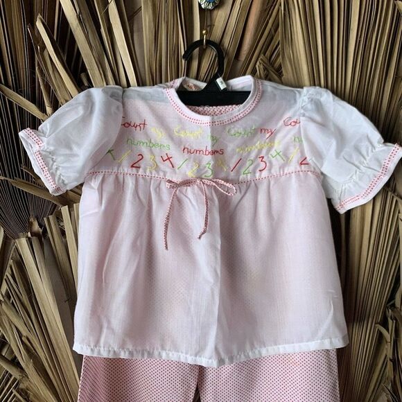 Vintage Kids's Polka Dot Pants Set Red 3T Puff Sleeves Embroidered Numbers - Picture 1 of 8